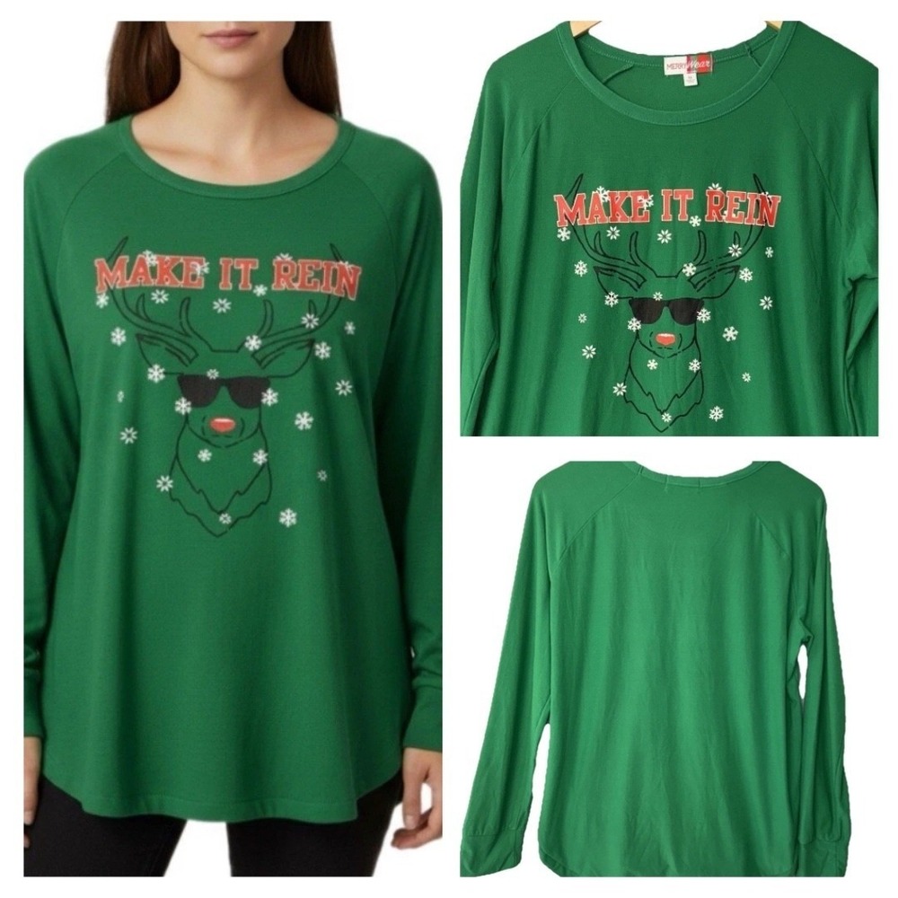 Merry Wear Make It Rein Top Women XL Green Christmas Reindeer Holiday Graphic